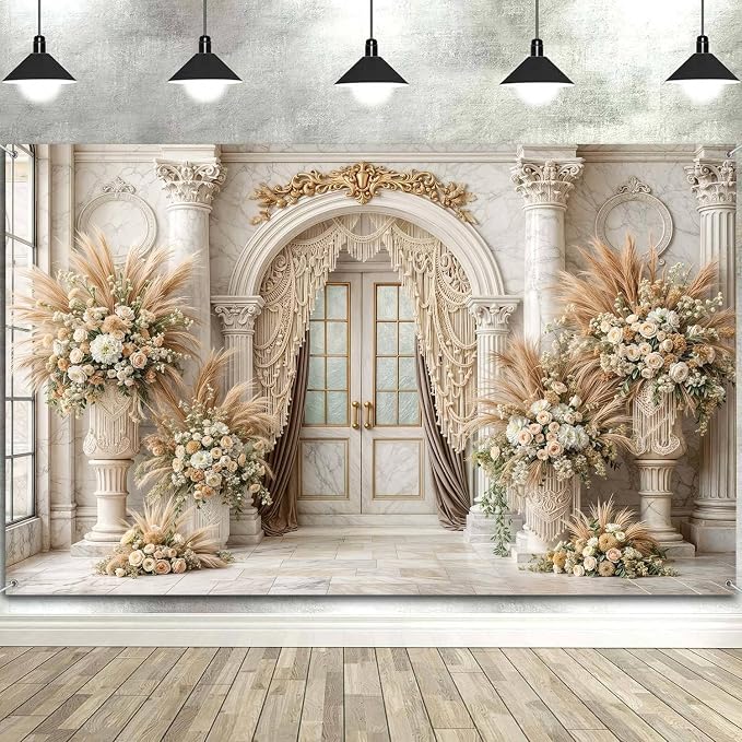 5X3ft European Retro Palace Backdrop Elegant Boho Flowers Photography Background Luxurious Dreamlike Wedding Bridal Shower Party Decoration Supplies Cake Table Photo Booth Studio Props - Image 4