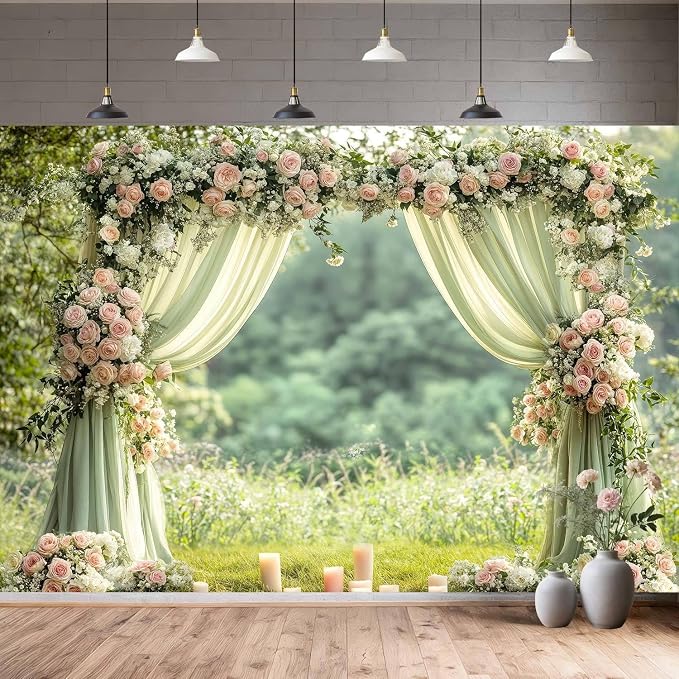 15X10ft Sage Green Floral Wall Backdrop Green Wedding Flower Arch Photography Background Spring Tea Party Backdrop Floral Girls Birthday Weeding Valentine's Day Mother's Day Event Banner Photo Props - Image 2
