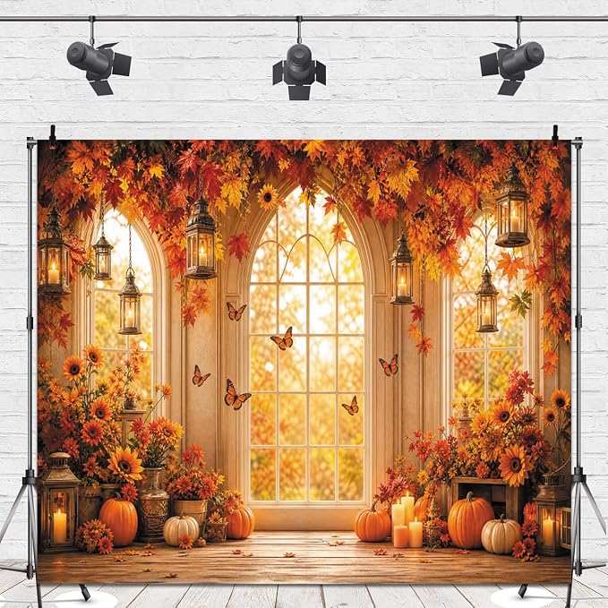 Fall Window Backdrop for Photography 10x8 Thanksgiving Party Decorations | Autumn Pumpkin Maple Photo Backdrop with Butterfly Floral Sunflower Friendsgiving Theme Background Photo Booth Props Vinyl - Image 4