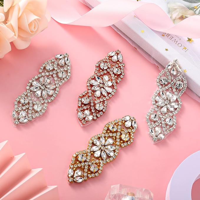 Jutom 4 Pieces Rhinestone Applique Rhinestone Iron on Patch Hot Fix Wedding Hair Appliques for Bridal Wedding Dress Clothes Sash Crystal Belt Sewing Shoes(Gold) - Image 6