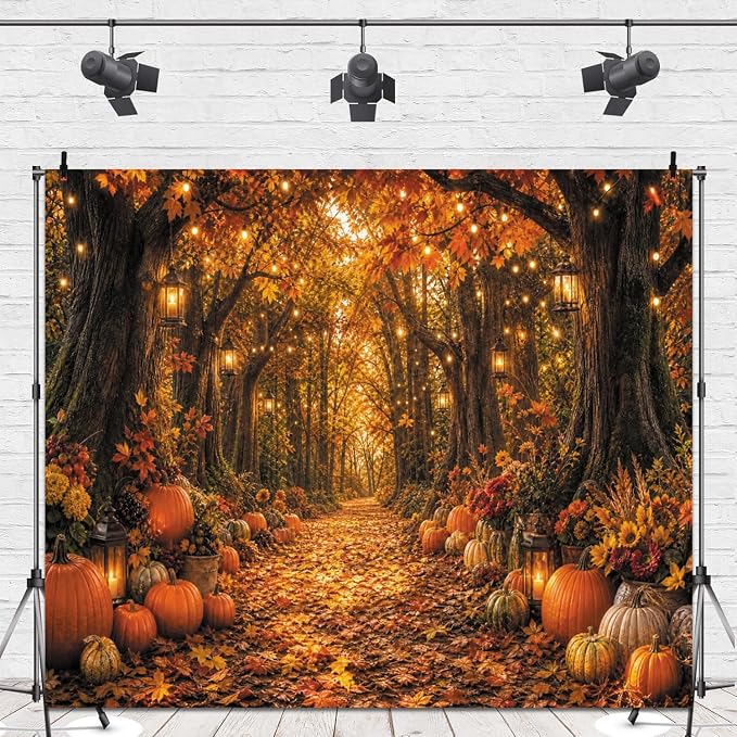 Fall Autumn Forest Photography Backdrop 8x8ft Autumn Woodland Pumpkin Maple Leaves Background Fall Thanksgiving Orange Flowers Seasonal Party Decorations Banner Vinyl - Image 4