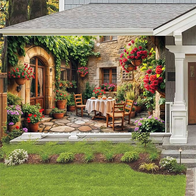 7X5ft Italian Theme Backdrop Italy Town Street Backdrop for Photography, Europe Village Town Landscape Photography Background Garden Tea Party Barnner Photo Studio Props, Color-5 - Image 2