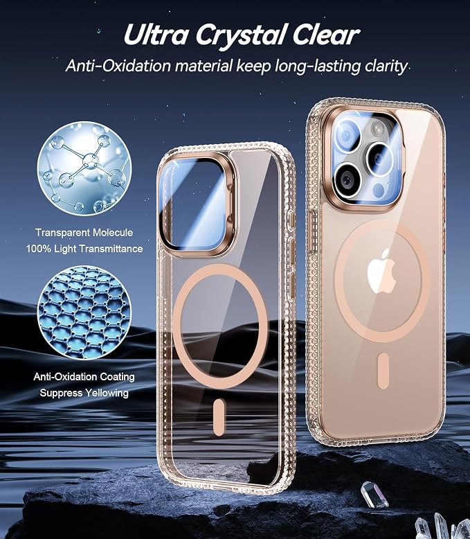 VOFATA [Upgraded] for iPhone 15 Pro Max Case with Camera Cover Stand [Fit for MagSafe][9H Camera Lens Protector] Mil-Grade Protection Transparent Magnetic iPhone 15 Pro Max Phone Case, Clear Gold - Image 4