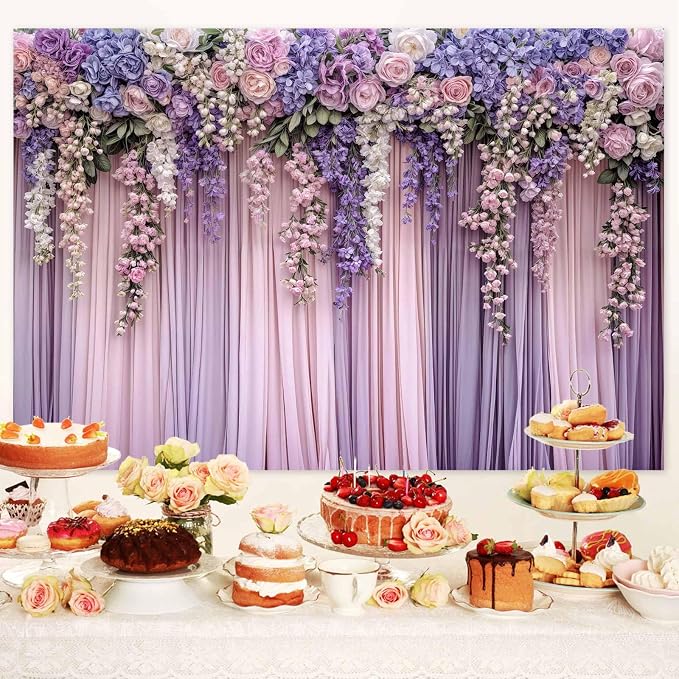 6x6ft Purple Flower Wedding Photography Backdrop Lavender Floral Wedding Bridal Photography Backdrop Anniversary Birthday Baby Shower Girl Party Banner Photo Booth Props Background Wall Decor - Image 2