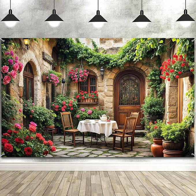 12X10ft Italian Theme Backdrop Italy Town Street Backdrop for Photography, Europe Village Town Landscape Photography Background Garden Tea Party Barnner Photo Studio Props, Color-1 - Image 5