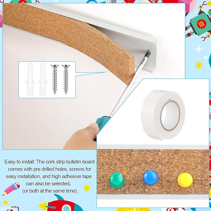 Threehoney 5 Pcs Cork Strips 72"x2" Bulletin Bar Strip, Aluminum Wall Trim | Brown Cork Boards with Accessories, Notes Photos Memos Display, for Wall Organization Classroom Office Home - Image 4