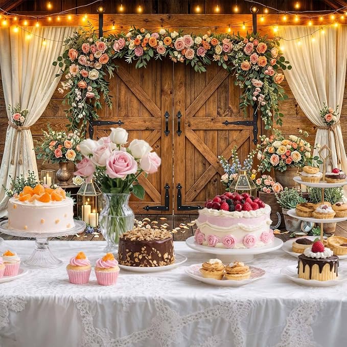 6x6ft Western Wedding Backdrop Rustic Barn Door Photography Backdrop Farmhouse Pink Flower Cabin Wooden Birthday Baby Shower Country Anniversary Bridal Party Banner Photo Booth Props Background - Image 4