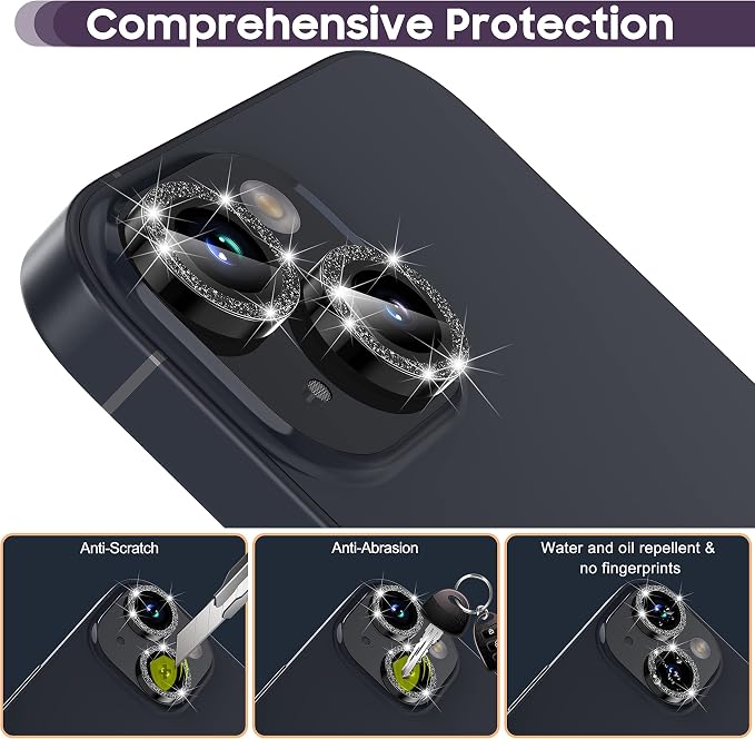 Suoman for iPhone 14 6.1 inch / 14 Plus 6.7 inch Camera Lens Protector, 9H Tempered Glass Film, Metal Frosted Independent Protective Cover [Glitter Diamonds] - Black - Image 4