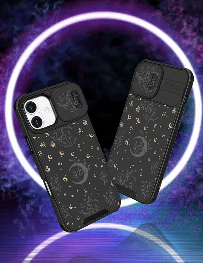 for iPhone 16 Case - Women Cute Phone Cover Girly Pretty Fancy Unique Aesthetic Design Slide Camera Cover Protective Case for Apple for iPhone 16,Black Moon Stars - Image 4