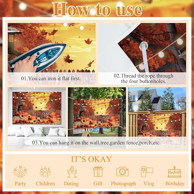 Fall Thanksgiving Backdrop Banner 10x8ft Farm Harvest Hay Photo Backdrop | Autumn Pumpkin Maple Leaves Photography Background Sunflower, Maple Leaves, Fall Friendsgiving Party Decorations Photo Props - Image 3