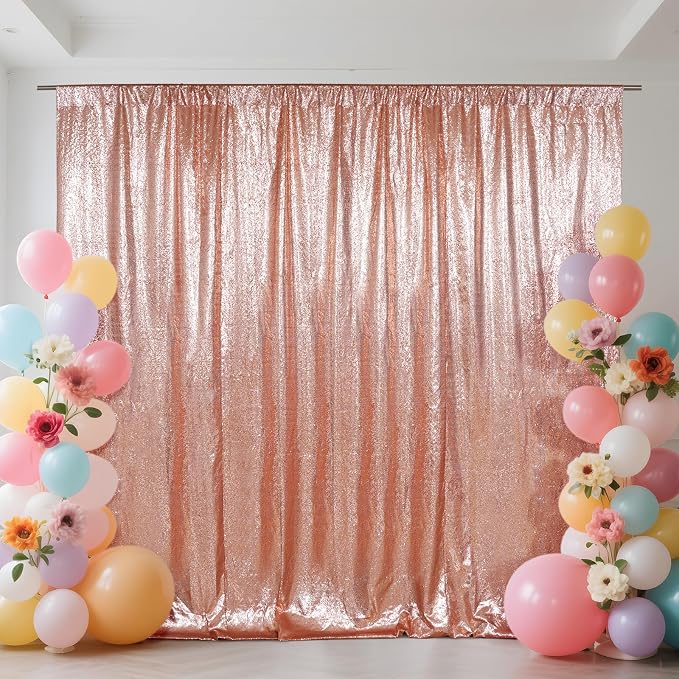 SquarePie 8x8ft Rose Gold Sequin Backdrop, High Density Non-Transparent Glitter Curtain for Photography, Birthday, Wedding Party Decorations, Thick Solid Background with 4" Rod Pocket, 1 Panel by SquarePie