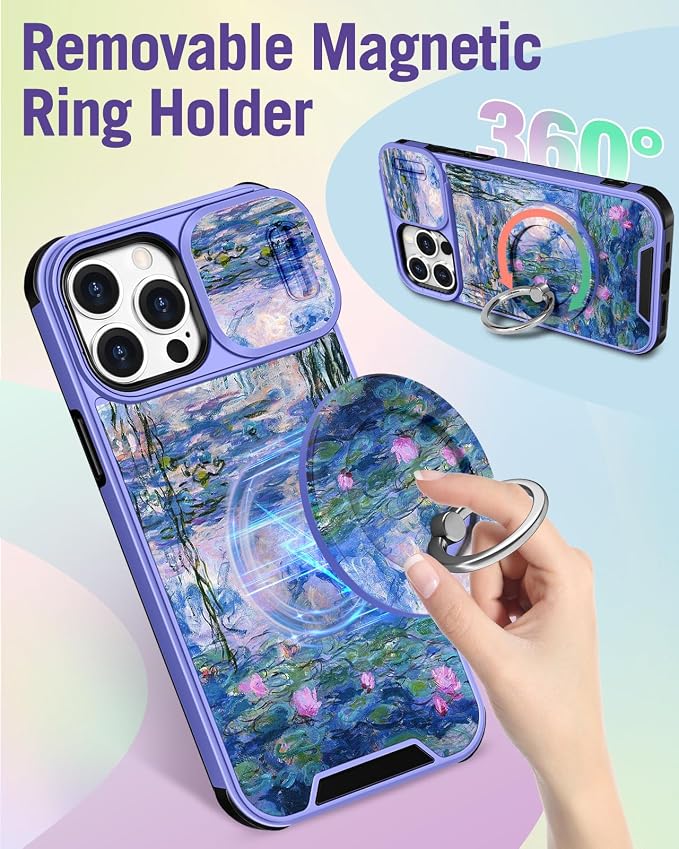 Buleens for iPhone 13 Pro Max Case - with Ring Stand & Camera Cover Cute Designed for Women Girls Girly Pretty Blue Water Lily for Phone Case for iPhone 13 Pro Max Compatible with Magsafe - Image 5