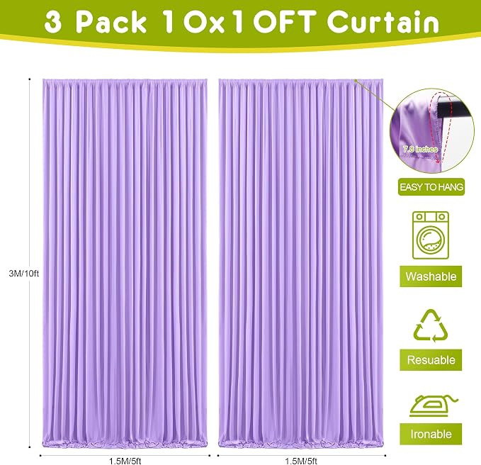 Lavender Purple Backdrop Curtain Drapes for Parties, 3Pack 10x10FT | Wrinkle Free Polyester Curtain Backdrop Draping Fabric for Backdrop Photoshoot Birthday Party Background,6 Panel 5x10FT - Image 2