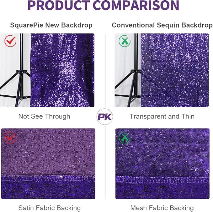 SquarePie 6x6ft Purple Sequin Backdrop, High Density Non-Transparent Glitter Curtain for Photography, Birthday, Wedding Party Decorations, Thick Solid Background with 4" Rod Pocket, 1 Panel - Image 7
