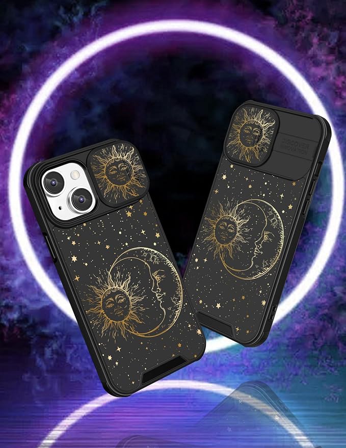 Phone Cover for iPhone 12 6.1'' | 2in1, Sun and Moon, for Women Girls, Cute Stars Space, with Slide Camera Cover, Protective, Fashion Golden Print Design - Image 4