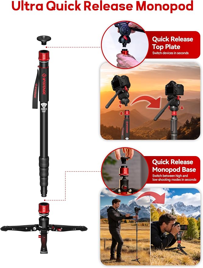 IFOOTAGE Cobra 3 A180T Aluminum Camera Monopod 71" | Telescopic Video Monopod with Feet Compatible with Sony Canon Nikon DSLR Cameras, Payload 17.6lb - Image 3