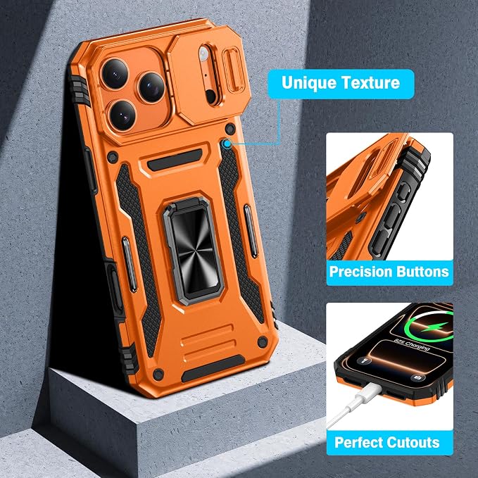 VEGO for iPhone 17 Pro Case with Slide Camera Cover and Kickstand Orange | Privacy Screen Protector & Ring Kickstand Military Grade Heavy Duty Protection Cover for iPhone 17 Pro - Orange - Image 7