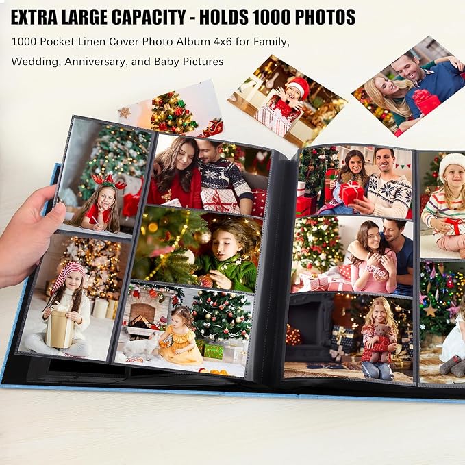 Aevdor Large Capacity 4x6 Photo Album, 1000 Photos, Linen Cover, Blue | Black Inner Pages, 3 Horizontal and 2 Vertical Pockets per Side, Front Photo Window, Family, Wedding & Travel Memories - Image 2