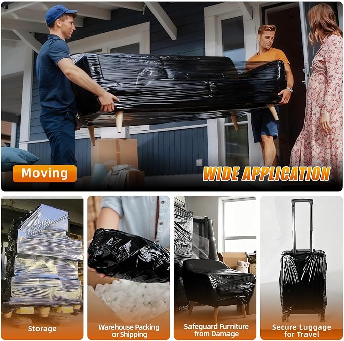 Black Stretch Film Shrink Wrap for Moving Supplies (5inch, 2 Pack) x 1000ft, Industrial Strength Plastic Wrap Stretch Roll for Pallet Wrapping Shipping Moving Boxes Storage Furniture with Handles - Image 7