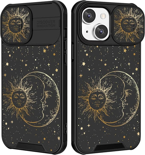 (2in1 for iPhone 15 Case Sun and Moon Women Cute Phone Cover Girly Stars Pretty Cool Space Unique Aesthetic Design with Slide Camera Cover Protective Stand Holder for iPhone 15 Cases 6.1'' by Goocrux