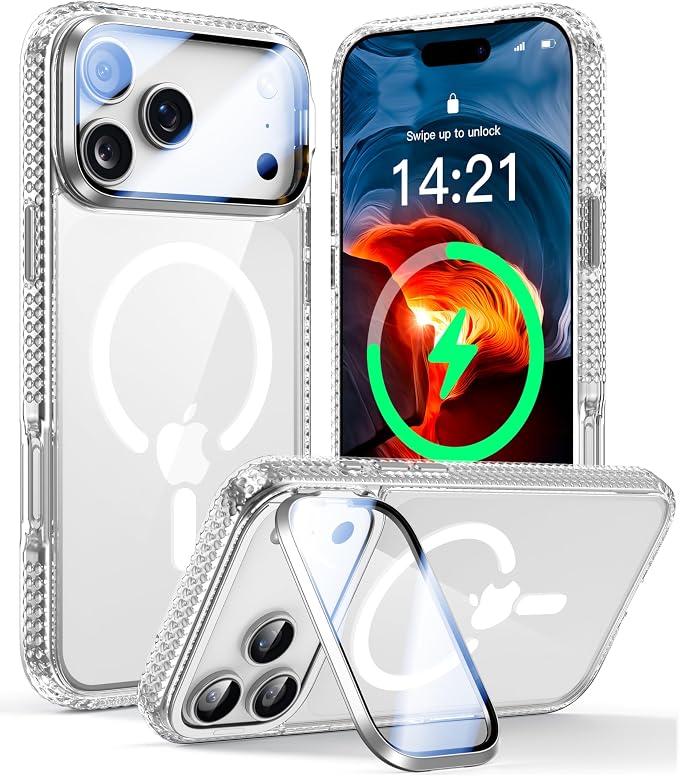 VOFATA [Upgraded Full Camera Protection] for iPhone 17 Pro Case with Camera Cover Stand [Fit for MagSafe][10FT Mil-Grade Protection] Transparent Magnetic iPhone 17 Pro Phone Case, Clear by VOFATA