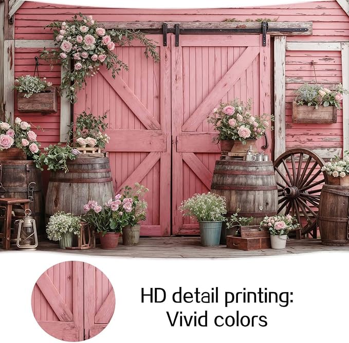 8x6ft Country Wedding Pink Photography Backdrop Rustic Wooden Barn Door Photography Backdrop Farmhouse Flower Western Girl Birthday Baby Shower Wedding Bridal Party Banner Photo Booth Props Background - Image 7