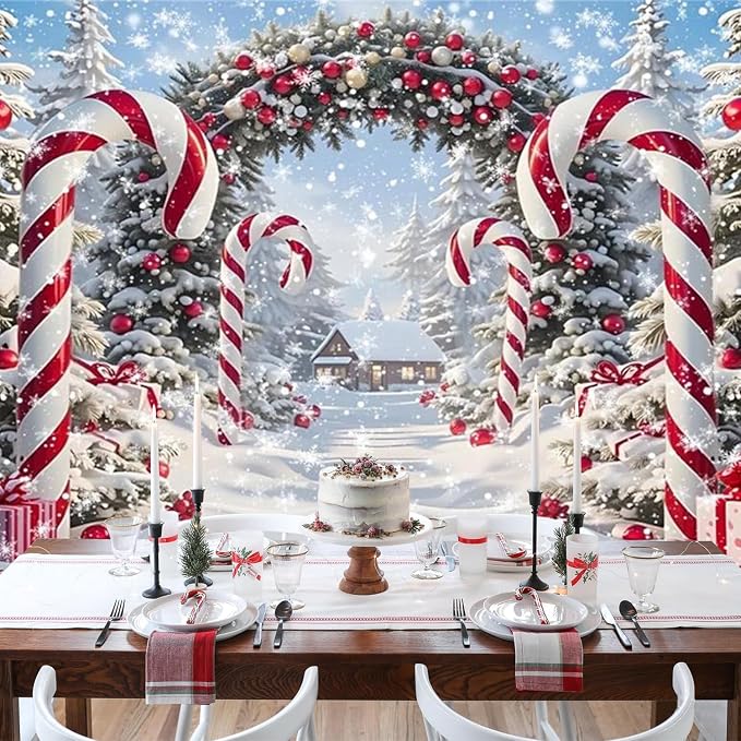 Winter Christmas Cane Candy Photography Backdrop 8x6.5ft Xmas Snow Scene Christmas Tree Background New Year Eve Party Decorations Banner Winter Holiday Photo Studio Props Vinyl - Image 5