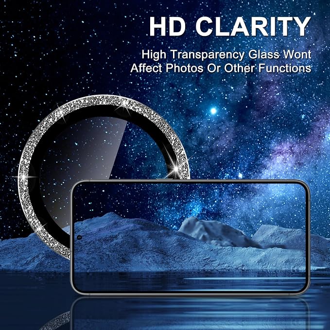 for Samsung Galaxy S23 FE Camera Lens Protector, Individual Metal Ring Tempered Glass Lens Cover, [Strong Adsorption] Scratch Resistant Ultra-Thin HD Clear Lens Cover, 1 Set-Black Sparkly - Image 4