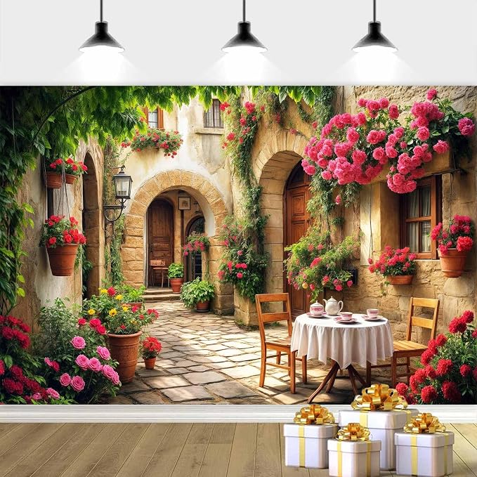 5X3ft Italian Theme Backdrop Italy Town Street Backdrop for Photography, Europe Village Town Landscape Photography Background Garden Tea Party Barnner Photo Studio Props, Color-3 by DRGILAU