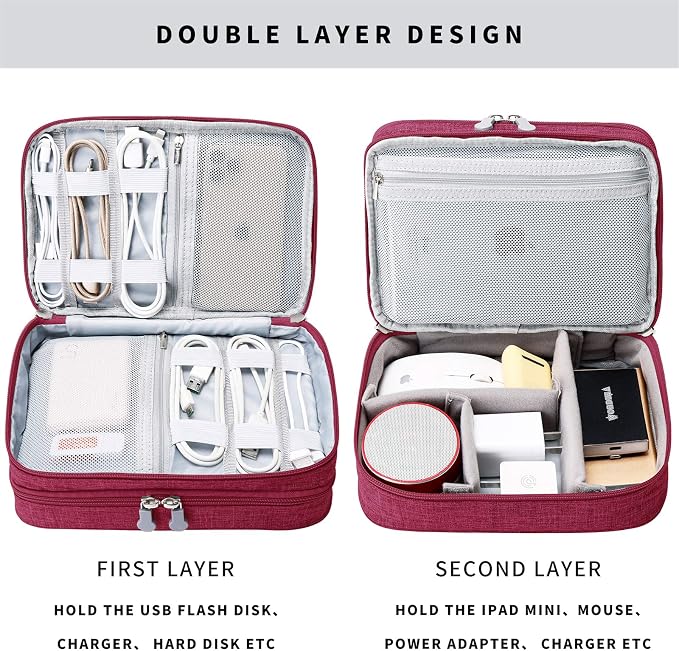 mygreen Electronic Accessories Organizer Bag, Waterproof Double Layer Travel Storage Case with Adjustable Padded Dividers, Portable Hard Pouch for Cables, Charger, Power Bank, Phone, Hard Drive Red - Image 5
