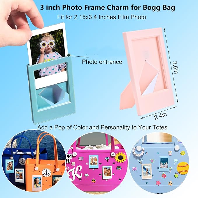 2 in 1 Picture Frame for Bogg Bag Accessories, 2x3 Photo Frame for Fujifilm Instax 3-Inch Film, Custom Frame Charms for Beach Tote Bag(1Piece Blue, 1Piece White) - Image 2