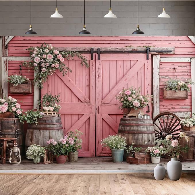 8x6ft Country Wedding Pink Photography Backdrop Rustic Wooden Barn Door Photography Backdrop Farmhouse Flower Western Girl Birthday Baby Shower Wedding Bridal Party Banner Photo Booth Props Background - Image 8