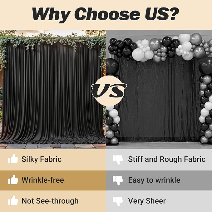 32ftx10ft Wrinkle Free Black Backdrop Curtain - 10 Feet Photography Backdrop Drapes, Silky Polyester Back Drop Cloth for Wedding Baby Shower Balloon Arch Background - Image 7