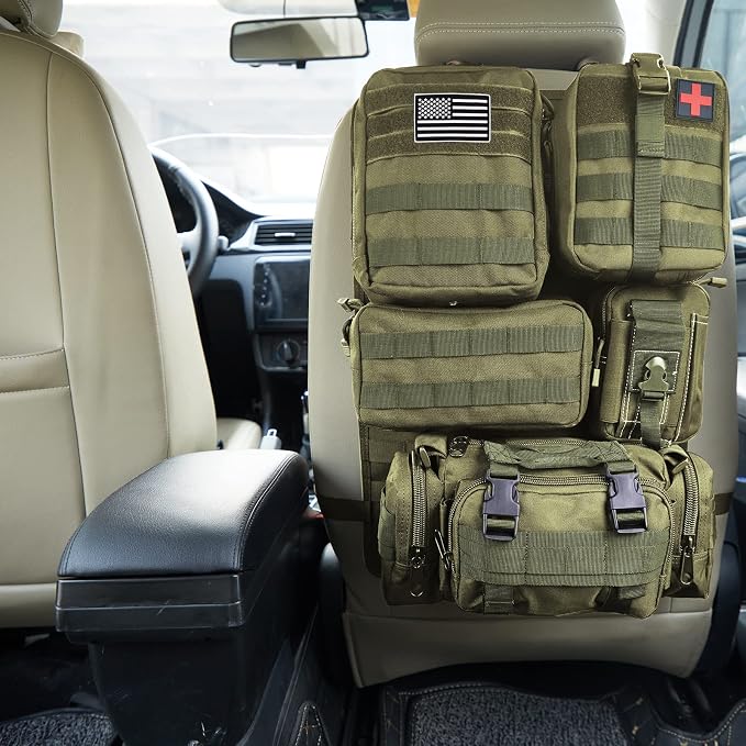 Universal Tactical Car Seat Back Organizer Bag Tactical Molle Vehicle Organizers Panel Vehicle Protector Organizers with 5 Detachable Pouches for Car Truck Ford Jeep (Army green) - Image 5