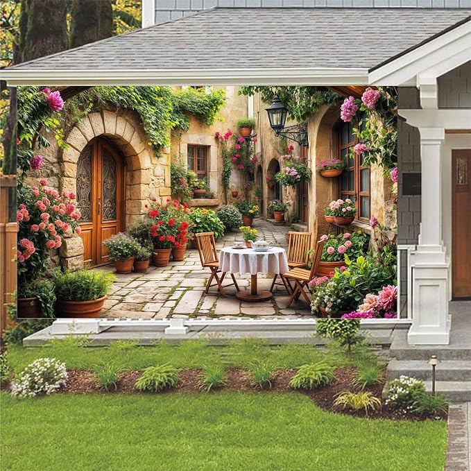 5X3ft Italian Theme Backdrop Italy Town Street Backdrop for Photography, Europe Village Town Landscape Photography Background Garden Tea Party Barnner Photo Studio Props, Color-4 - Image 2