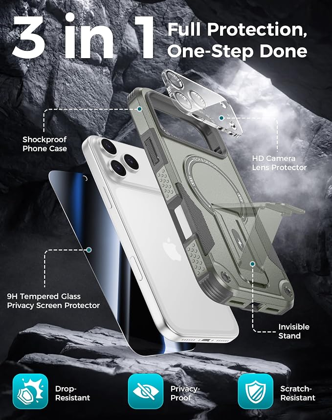 Goton 3 in 1 for iPhone 17 Pro Case with Privacy Screen Protector Grey | Glass Camera Lens Protector,Compatible for MagSafe,Invisible Kickstand, Shockproof Phone Cover for iPhone 17Pro - Image 3