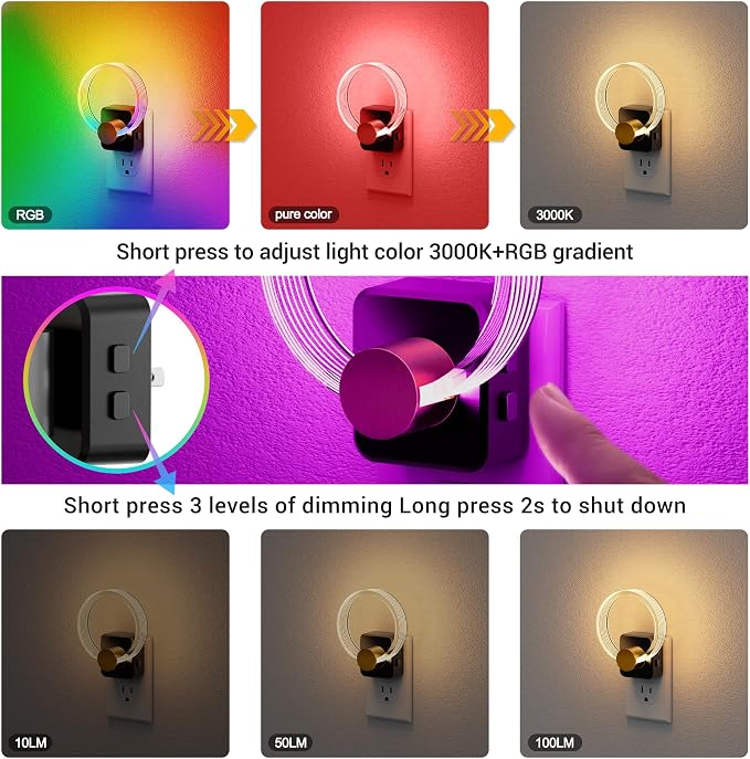 JandCase Night Light, Color Changing Night Lights Plug into Wall, 1 Pack | RGB Nightlight with Light Sensor, 180° Rotatable Plug in Nightlights, Dimmable Ring Acrylic Night Light for Kids Gift Hallway - Image 4