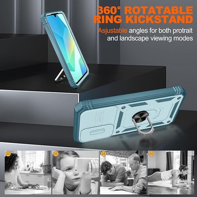 for Samsung Galaxy A06 Phone Case with 2PCS Screen Protector, Build in 360° Rotating Ring Kickstand, Military Grade Protective Case for Samsung A06 Phone, Green - Image 7