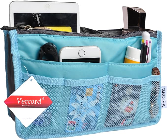 Vercord Purse Organizer Insert for Handbags Bag Organizers Inside Tote Pocketbook Women Nurse Nylon 13 Pockets Blue Medium - Image 2