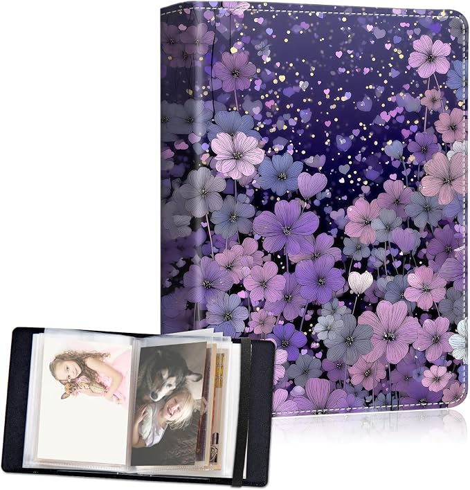 Small Photo Album 5x7, 60 Pockets Holds 120 Photos, Slip-in Pocket Photo Storage Book with Black Elastic Band for Family Wedding Baby Travel Pictures, Pastel Purple Wildflower Heart by Unknown