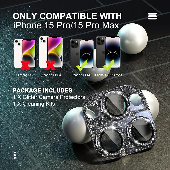 Choiche for iPhone 15 Pro/iPhone 15 Pro Max Camera Lens Protector | Bling Camera Cover with 9H Tempered Glass Lens Screen Protector Metal Ring Decoration Accessories (Glitter-Black) - Image 2