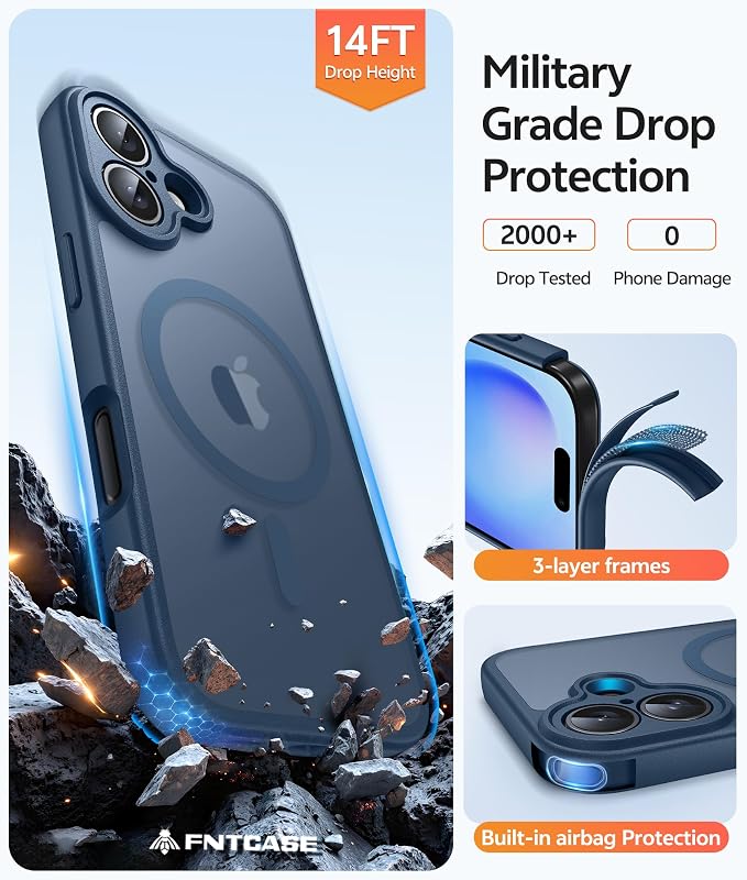 FNTCASE for iPhone 16 Plus Case, Fit for Magsafe, Screen Protector, Blue | Full Camera Protection, Translucent Matte, 14FT Military Grade Drop Proof, Shockproof Protective Phone Cove - Image 5