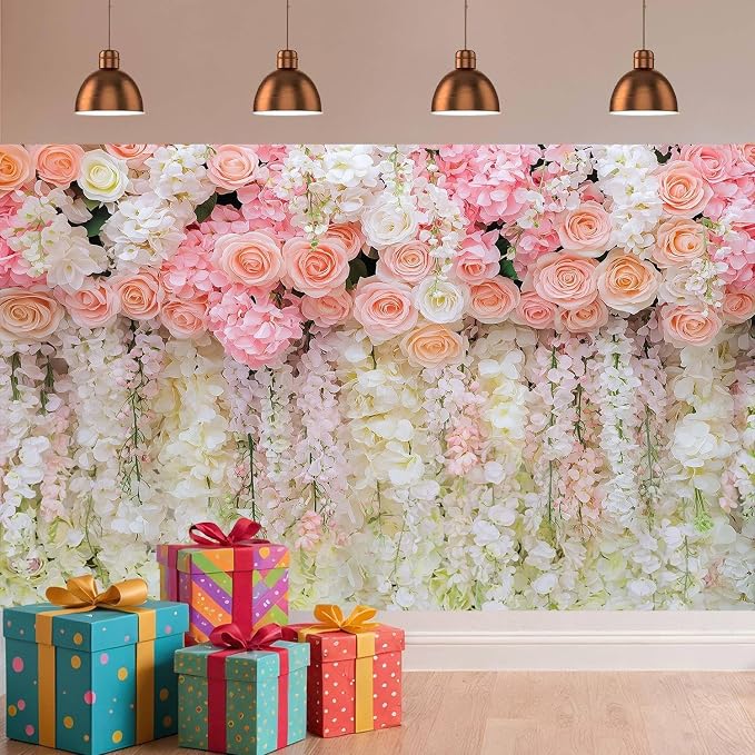 5x3ft Pink Rose Flower Wedding Photography Backdrop Spring Floral Photography Backdrop Valentine's Day Mother's Day Girl Birthday Baby Shower Wedding Bridal Party Banner Photo Booth Props Background - Image 4
