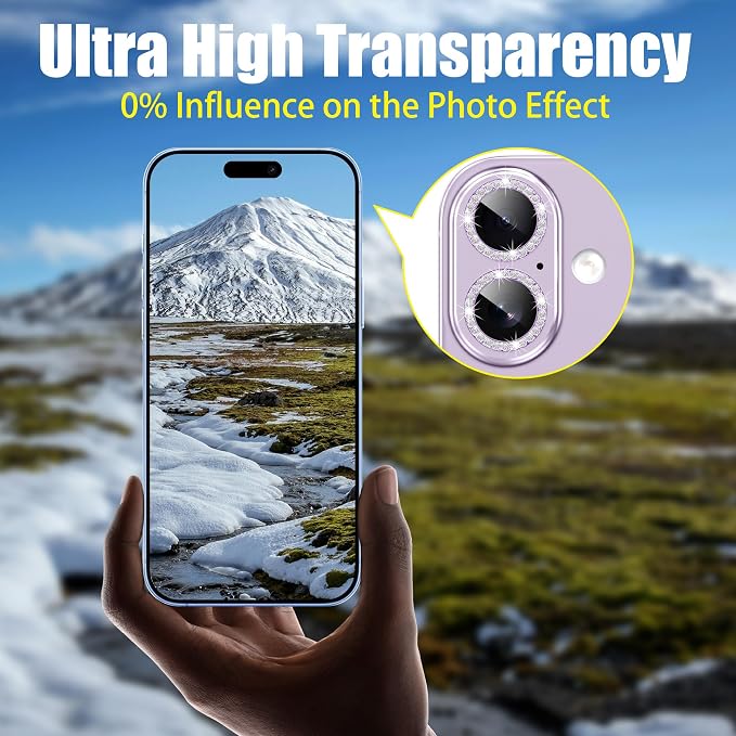 AGVEE 3+3 6 Pack for iPhone 17 Camera Lens Protector Cover | Individual Bling Diamond & Bling Glitter Sparkle Cute Gem Metal Ring, 9H Tempered HD Glass - Image 6