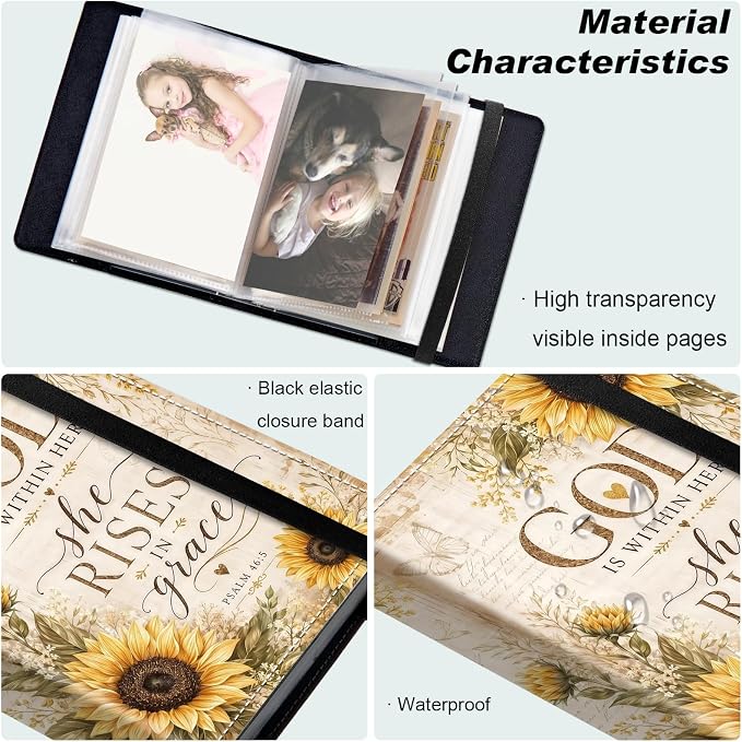 Small Photo Album 4x6, 60 Pockets Holds 120 Photos, Slip-in Pocket Photo Storage Book with Black Elastic Band for Family Wedding Baby Travel Pictures, Vintage Paper Sunflower Christian - Image 5