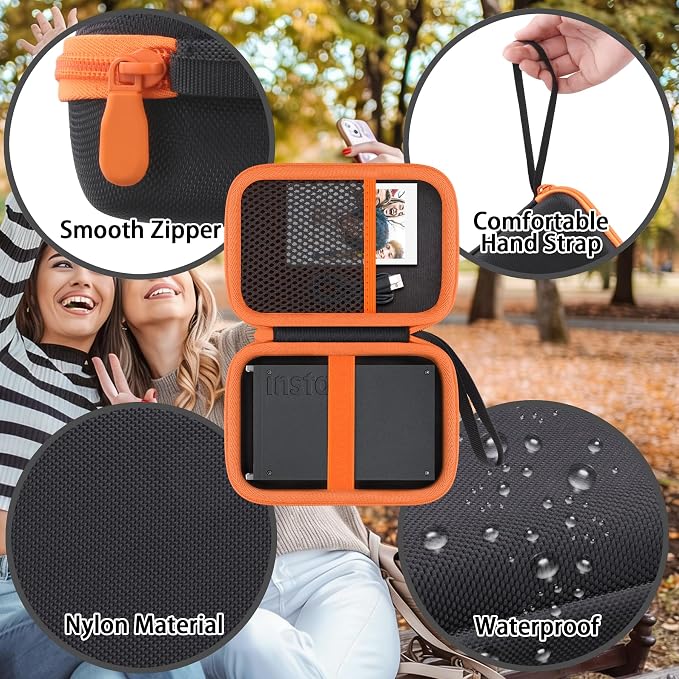 Hard Travel Case for Fujifilm Instax Mini Link+ Printer | Shockproof, With Handle, Hard Shell Exterior, Storage Compartment, Portable Carrying Box, Black Case+Orange Zipper - Image 4