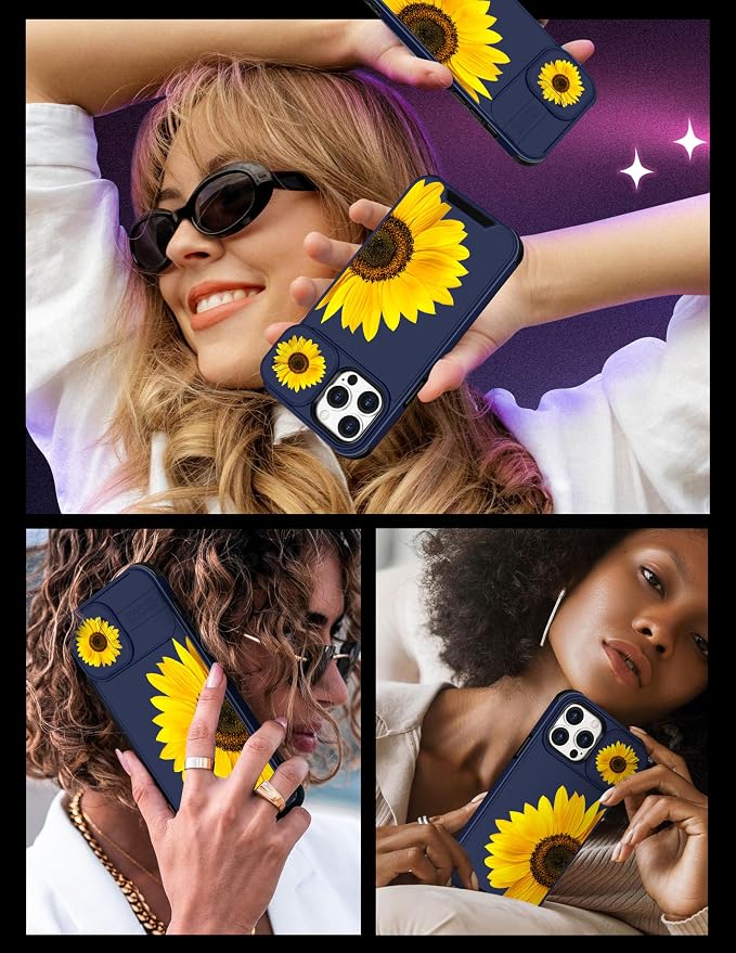 (2in1 for iPhone 15 Pro Case Sunflower Floral for Women Cute Phone Cover Girly Sun Flowers Pretty Blue Design with Slide Camera Cover Protective Stand Holder for iPhone 15 Pro Cases 6.1'' - Image 6
