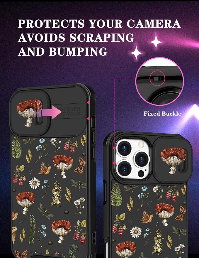 for iPhone 16 Pro Max Case - Women Cute Phone Cover Girly Pretty Unique Aesthetic Design Slide Camera Cover Protective Case for Apple for iPhone 16 Pro Max,Mushroom Floral - Image 3