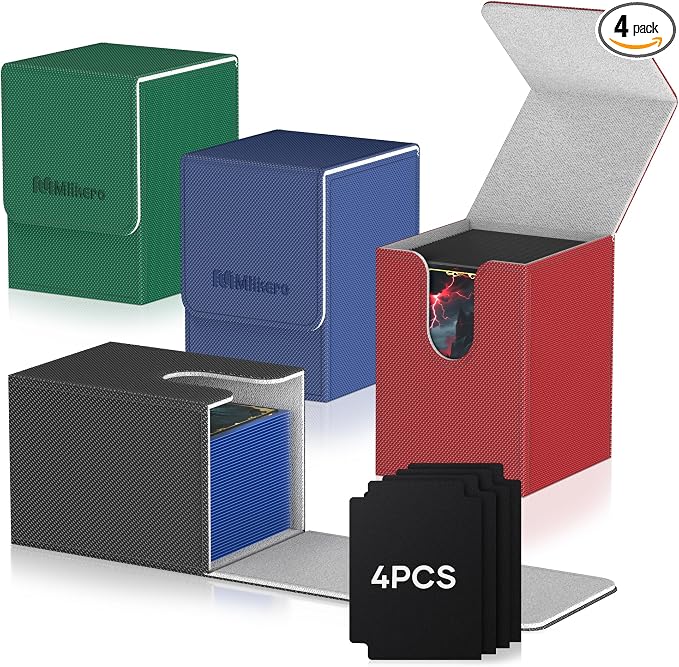 Mlikero 4 Pack Card Deck Box, Commander Deck Box Holds 400+ Single Sleeved Cards with 4 Dividers, Leather Magnetic Card Box Fit for MTG, TCG (4 Colors) by Mlikero