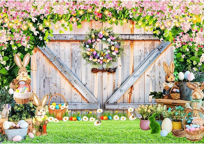 Easter Photo Backdrop for Photography, 7x5ft | Spring Wall Background for Photoshoot, Green Grass, Bunny Eggs, Rustic Barn Door, for Outdoor, Family Party Decorations by TERSUM